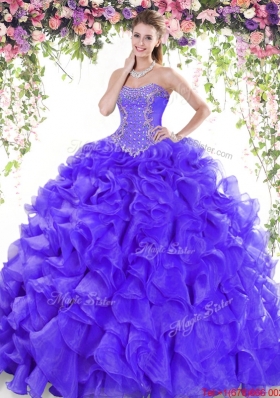 Popular Beaded and Ruffled Organza Quinceanera Dress with Brush Train
