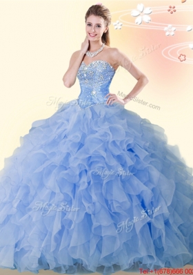 Summer Modest Beaded and Ruffled Organza Blue Quinceanera Dress