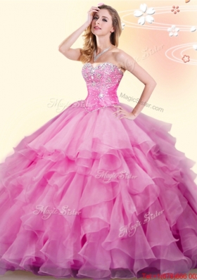 Sweet Really Puffy Ruffled and Beaded Quinceanera Gown in Rose Pink