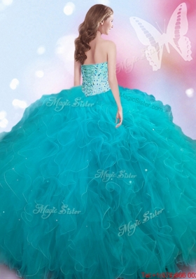 Wonderful Big Puffy Beaded and Ruffled Teal Quinceanera Dress