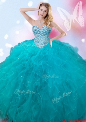 Wonderful Big Puffy Beaded and Ruffled Teal Quinceanera Dress