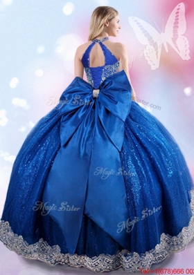 Beautiful Beaded and Bowknot Royal Blue Quinceanera Gown with Halter Top