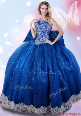 Beautiful Beaded and Bowknot Royal Blue Quinceanera Gown with Halter Top