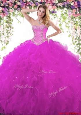 Best Tulle Beaded and Ruffled Quinceanera Gown in Fuchsia