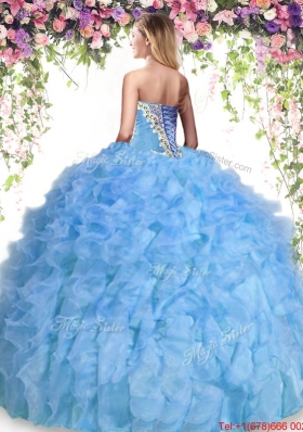 Cheap Organza Beaded and Ruffled Quinceanera Dress in Baby Blue