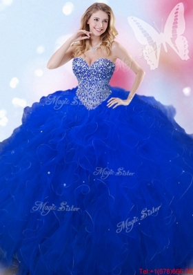 Modest Puffy Skirt Beaded and Ruffled Sweet 16 Dress in Royal Blue