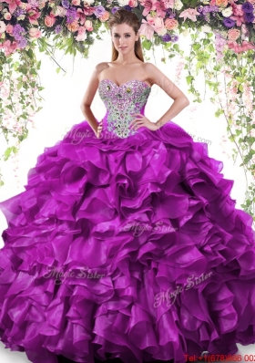 New Arrivals Beaded and Ruffled Dark Purple Quinceanera Dress in Organza