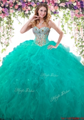 New Style Beaded and Ruffled Turquoise Quinceanera Dress in Tulle