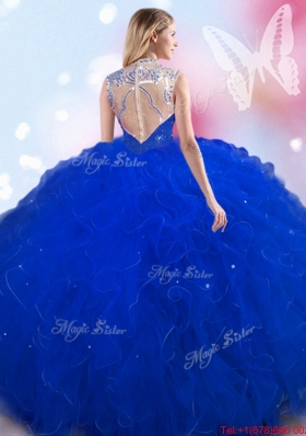 Perfect Beaded and Ruffled Royal Blue Quinceanera Dress with High Neck