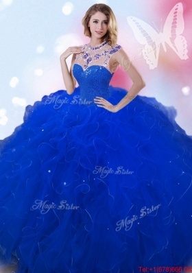 Perfect Beaded and Ruffled Royal Blue Quinceanera Dress with High Neck