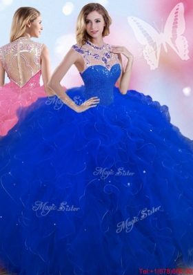 Perfect Beaded and Ruffled Royal Blue Quinceanera Dress with High Neck