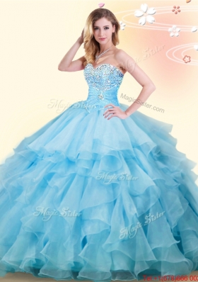 Wonderful Ruffled and Beaded Baby Blue Sweet 16 Dress in Organza