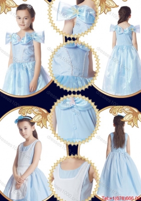 Fashionable Light Blue Bowknot Detachable Sleeves Halloween Little Girl Pageant Dress with Scoop