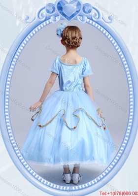 Halloween Cheap Hand Made Flower Short Sleeves Little Girl Pageant Dress in Light Blue