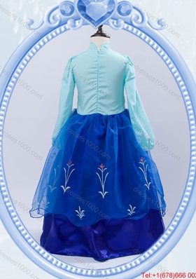 Halloween Discount High Neck Royal Blue Long Little Girl Pageant Dress with Embroidery