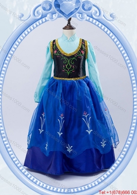 Halloween Discount High Neck Royal Blue Long Little Girl Pageant Dress with Embroidery