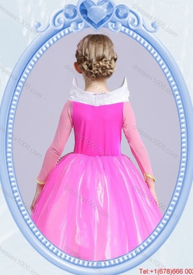 Halloween Elegant Tea Length Hot Pink Little Girl Pageant Dress with Long Sleeves