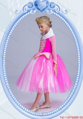 Halloween Elegant Tea Length Hot Pink Little Girl Pageant Dress with Long Sleeves