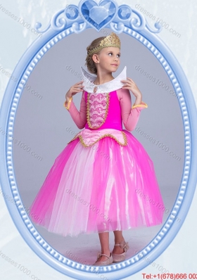 Halloween Elegant Tea Length Hot Pink Little Girl Pageant Dress with Long Sleeves