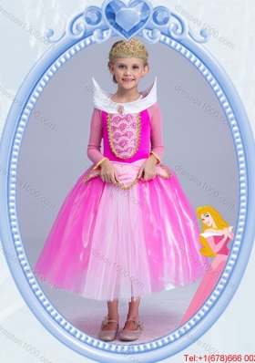 Halloween Elegant Tea Length Hot Pink Little Girl Pageant Dress with Long Sleeves