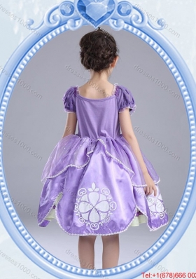 Halloween Fashionable Short Sleeves Lavender Little Girl Pageant Dress with Pattern and Bowknot