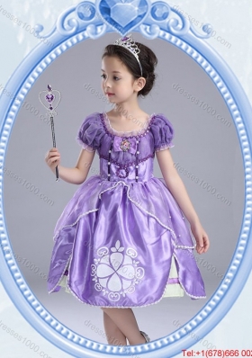 Halloween Fashionable Short Sleeves Lavender Little Girl Pageant Dress with Pattern and Bowknot