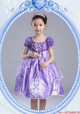 Halloween Fashionable Short Sleeves Lavender Little Girl Pageant Dress with Pattern and Bowknot