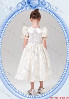 Puffy Scoop Halloween Tea-length Short Sleeves Little Girl Pageant Dress in White