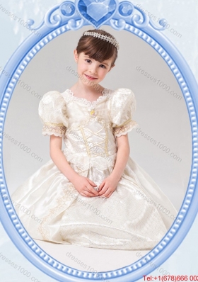 Puffy Scoop Halloween Tea-length Short Sleeves Little Girl Pageant Dress in White