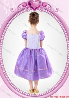 Puffy V-neck Beaded Lavender Halloween Little Girl Pageant Dress with Short Sleeves