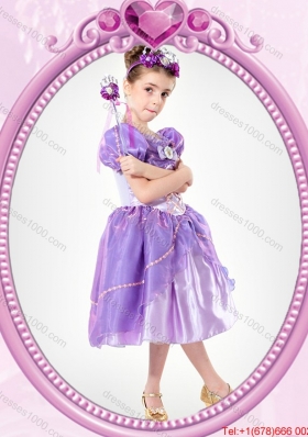 Puffy V-neck Beaded Lavender Halloween Little Girl Pageant Dress with Short Sleeves