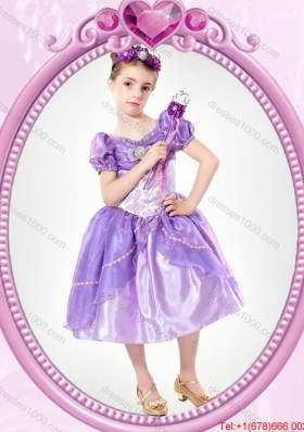 Puffy V-neck Beaded Lavender Halloween Little Girl Pageant Dress with Short Sleeves