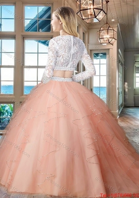 Designer See Through Zipper Up Aqua Blue Quinceanera Dress with Long Sleeves