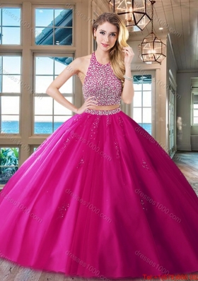 Exquisite Two Piece Red Backless Tulle Quinceanera Dress with Beaded Bodice