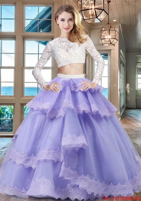 New Style Two Piece Scoop Lavender Quinceanera Dress in Tulle and Lace