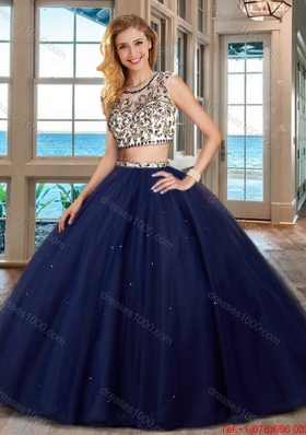 Popular Two Piece Brush Train Beaded Quinceanera Dress in Navy Blue