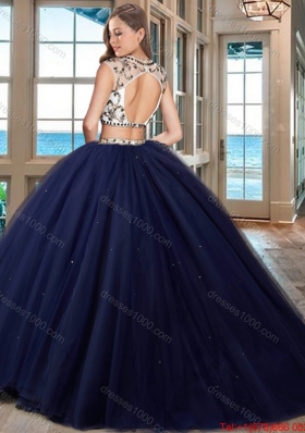 Popular Two Piece Brush Train Beaded Quinceanera Dress in Navy Blue