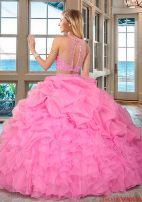 Pretty High Neck Two Piece Open Back Mint Quinceanera Dresses with Beading and Bubbles