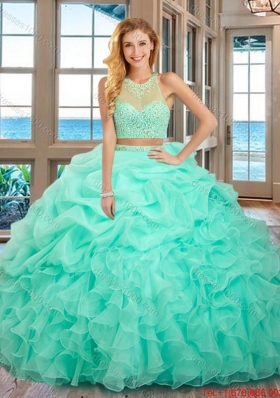 Pretty High Neck Two Piece Open Back Mint Quinceanera Dresses with Beading and Bubbles