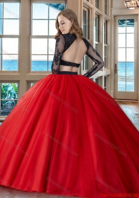 Puffy Scoop Tulle Appliques Backless Long Sleeves Two Piece Quinceanera Dresses in Red