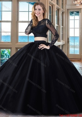 Puffy Scoop Tulle Appliques Backless Long Sleeves Two Piece Quinceanera Dresses in Red