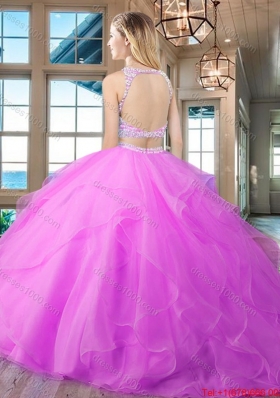 Simple Open Back See Through Scoop Beaded Bodice and Ruffled Quinceanera Gown