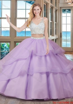 Two Piece Puffy V Neck Brush Train Fuchsia Quinceanera Dresses with Beading