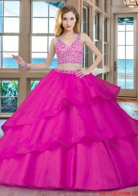 Two Piece Puffy V Neck Brush Train Fuchsia Quinceanera Dresses with Beading