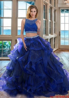 Two Piece Scoop Open Back Royal Blue Detachable Quinceanera Dresses with Beading