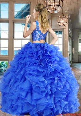 Wonderful Zipper Up Organza Blue Quinceanera Dress with Ruffles and Lace