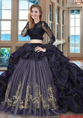 Beautiful Ball Gown Scoop Brush Train Embroideried and Bubble Two Piece Quinceanera Dresses in Purple