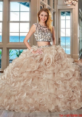 Beautiful See Through Brush Train Ruffled Quinceanera Dress with Cap Sleeves