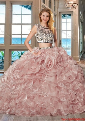 Beautiful See Through Brush Train Ruffled Quinceanera Dress with Cap Sleeves