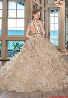 Beautiful See Through Brush Train Ruffled Quinceanera Dress with Cap Sleeves